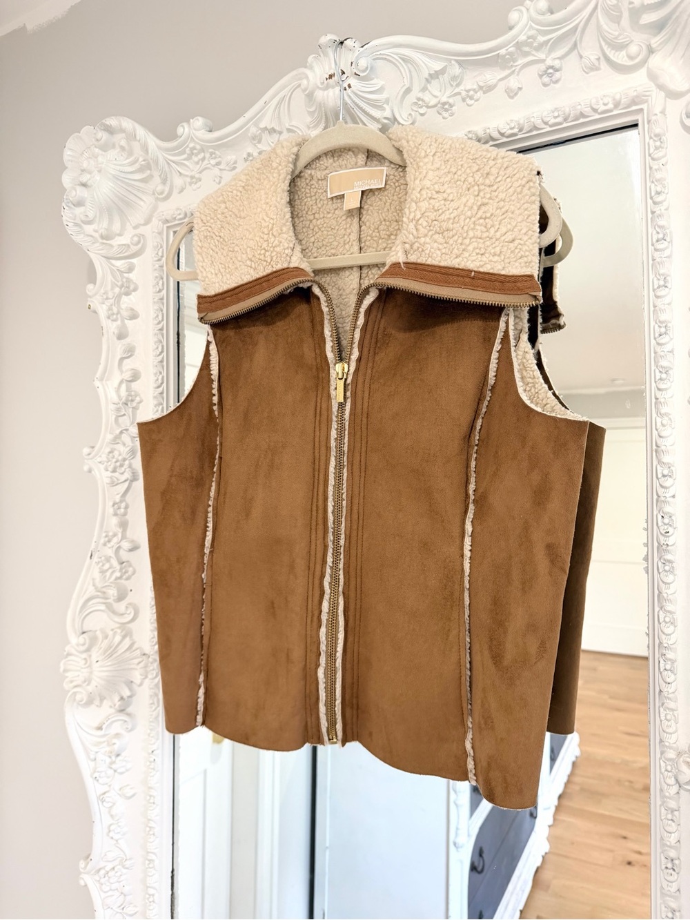 Michael Kors Faux Suede Tan Camel Brown Sherpa-Lined Vest Top